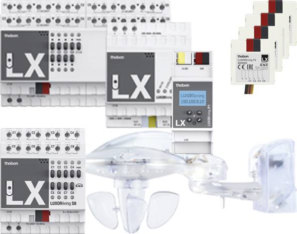 Kolekcja komponentów elektronicznych oznaczonych „LX" i „theben", w tym czujnik wiatru, podkreślająca rozwiązania technologii inteligentnego domu.