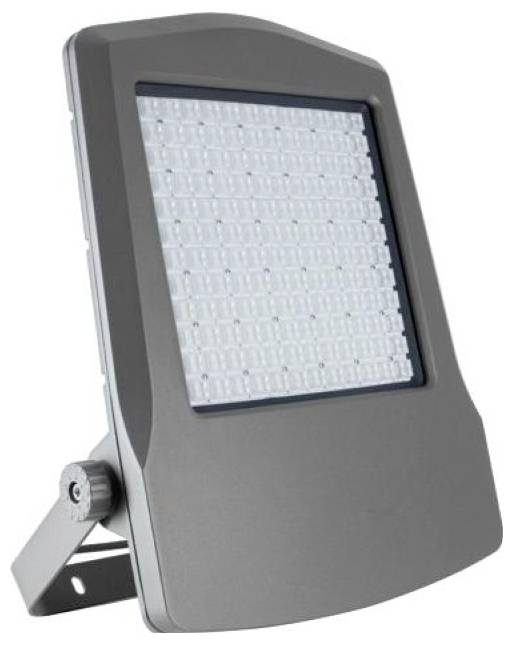 Zewnętrzny reflektor LED z regulowanym ramieniem montażowym i dużym kwadratowym panelem świetlnym w szarej obudowie.