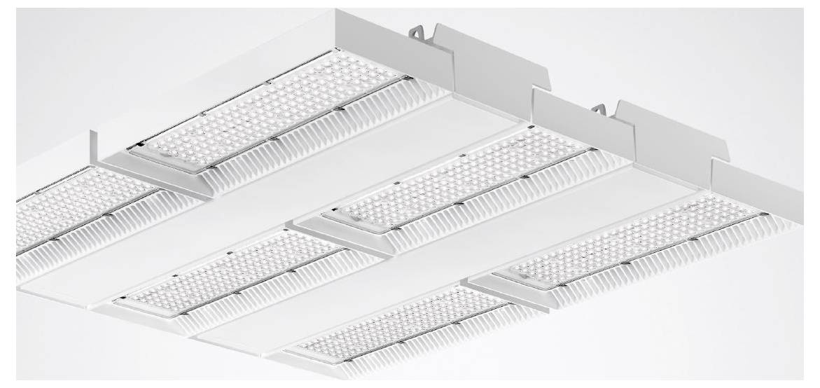 Sufitowe lampy LED w prostokątnym panelu ze wzorem siatki, zainstalowane w białym suficie, zapewniające szerokie oświetlenie pomieszczeń wewnętrznych.