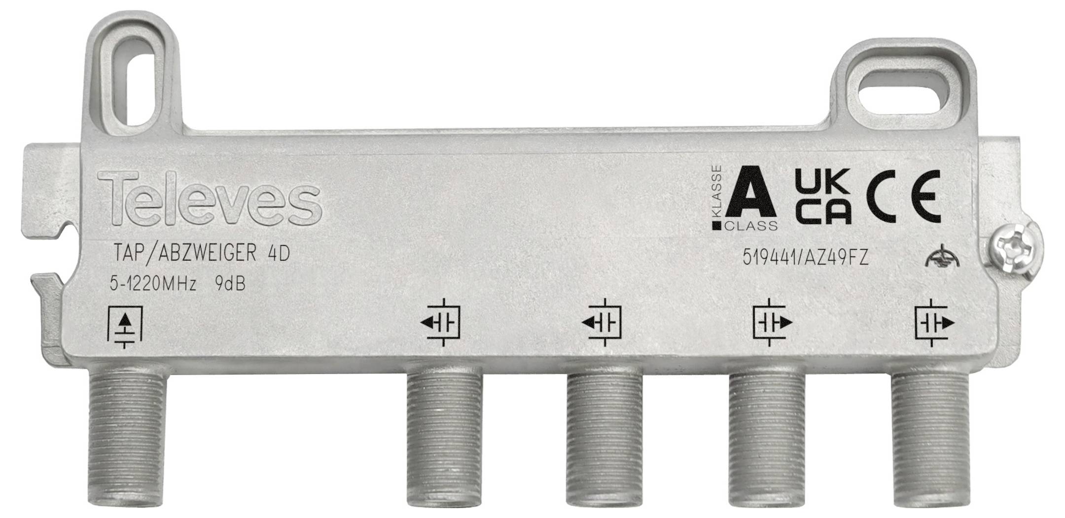 Rozdzielacz 'Televes TAP/ABZWEIGER 4D' z czterema wyjściami koaksjalnymai, zakres częstotliwości 5-1220MHz, tłumienie 9dB, znakowanie UKCA i CE.