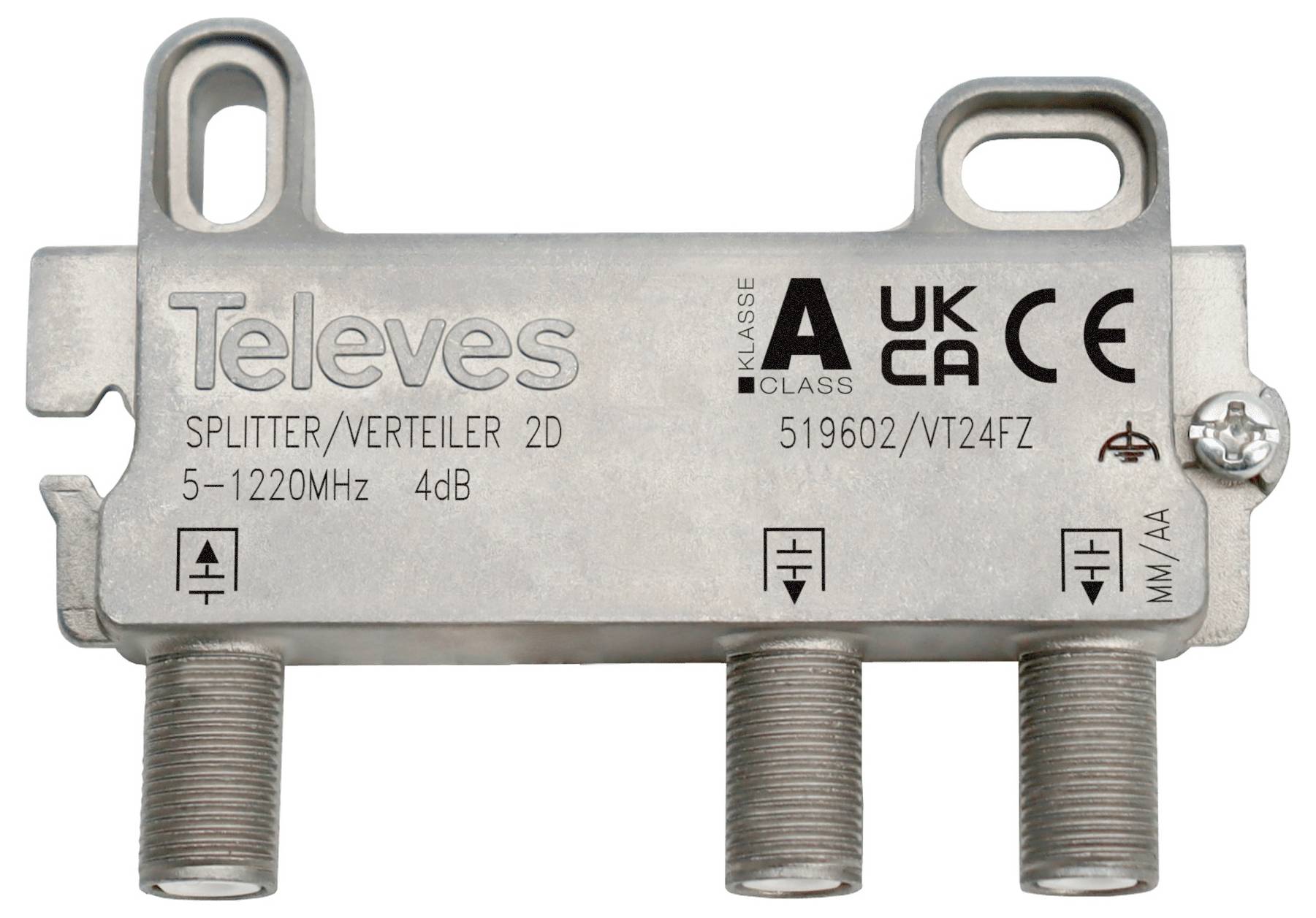 'Televes Splitter/Rozdzielacz 2D 5-1220MHz 4dB' z trzema portami kabla współosiowego i certyfikacyjnymi oznaczeniami.