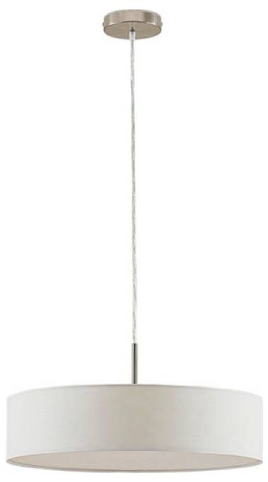 Nowoczesna lampa wiszaca na suficie z szerokim białym abażurem w kształcie bębna i długim przewodem zawieszającym od okrągłej tulejki sufitowej.