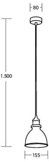 Rysunek techniczny wiszącej lampy wiszącej, pokazujący wymiary 1500 mm wysokości i 155 mm szerokości, z 80 mm mocowaniem górnym.