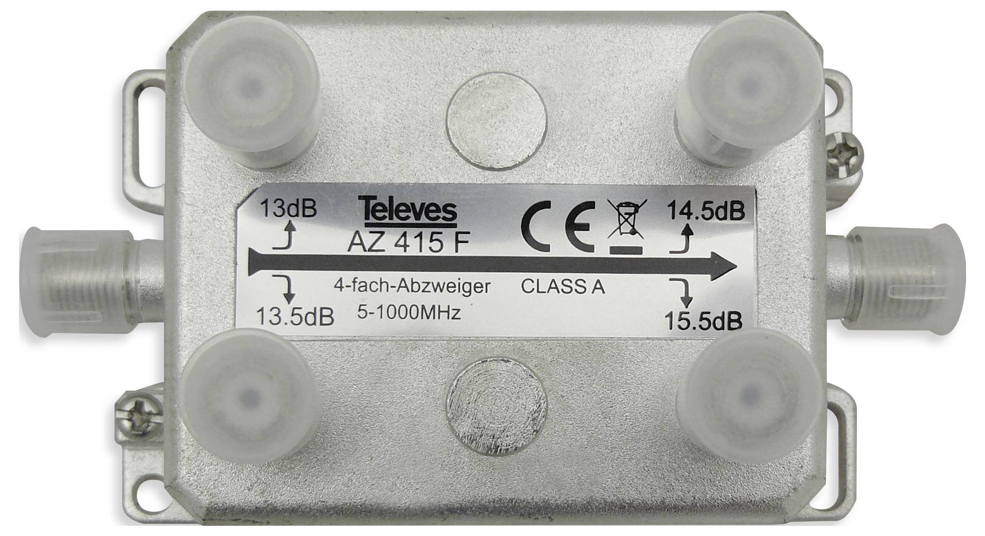 Podzielacz czterokierunkowy 'Televes AZ 415 F' o zakresie 5-1000MHz i certyfikacją klasy A, pokazujący wskaźniki decybeli dla każdego portu.