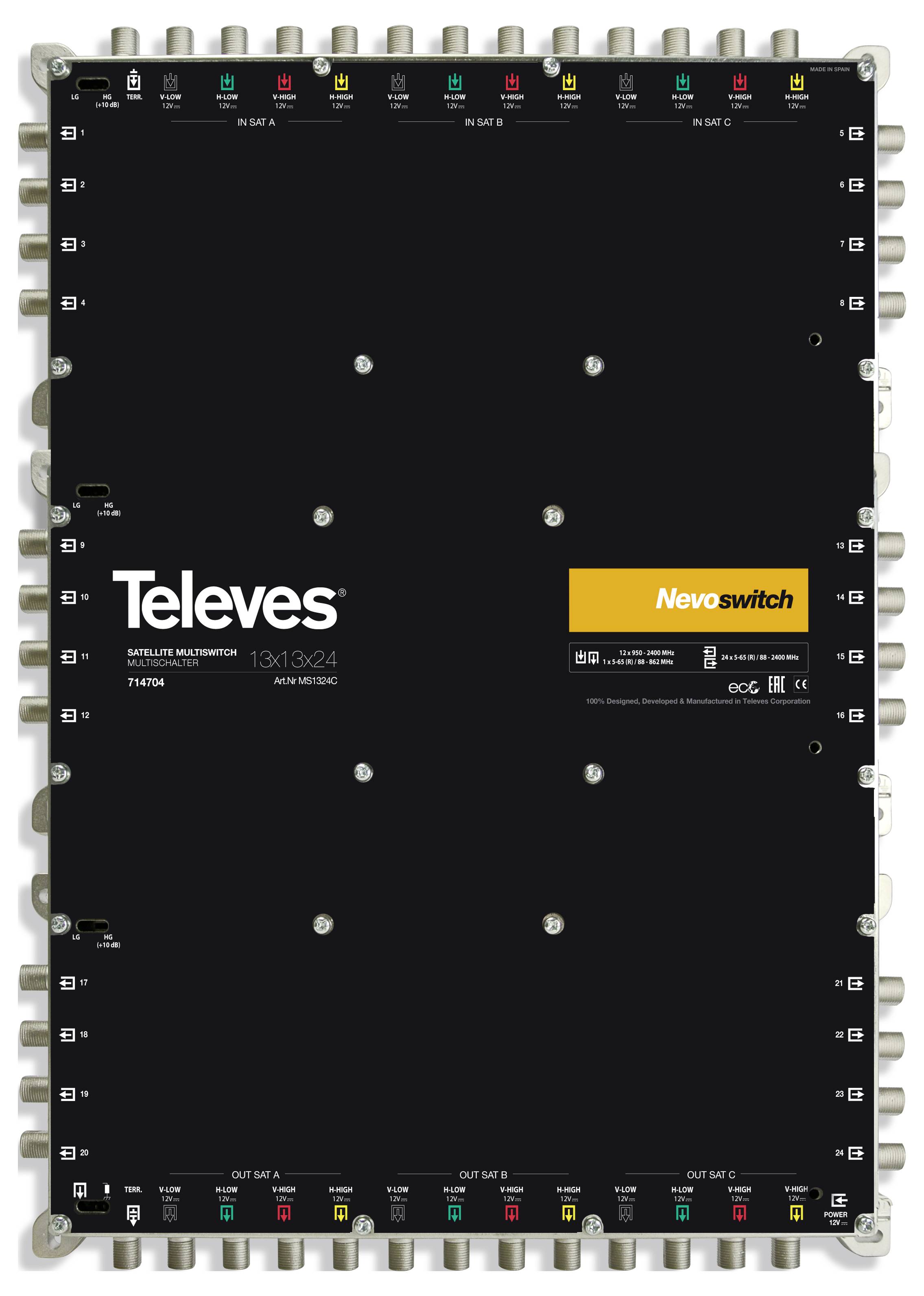 Czarny multisprzęgacz satelitarny Televes Nevoswitch model 13x10x24 z różnymi połączeniami wejściowymi i wyjściowymi, oznaczonymi portami i logo.