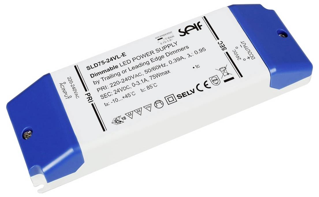 Zasilacz LED ściemniany, model SLD75-24VL-E, obsługuje dimery typu trailing edge lub leading edge. Wejście 220-240V AC; wyjście 24V DC, maksymalnie 75W.