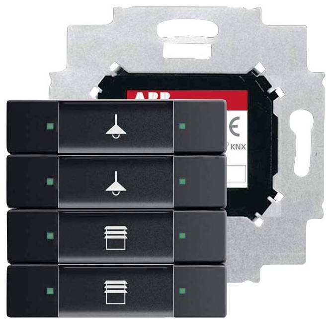 Czarny włącznik światła z ikoną lampy pośrodku i dwoma małymi żółtymi kwadratami po obu stronach, wskazującymi punkty dotyku.