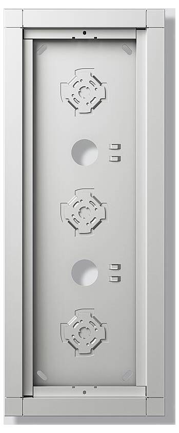 Prostokątna metalowa rama ze szparami na komponenty elektryczne, posiadająca trzy równomiernie rozmieszczone okrągłe otwory i podpory narożne.