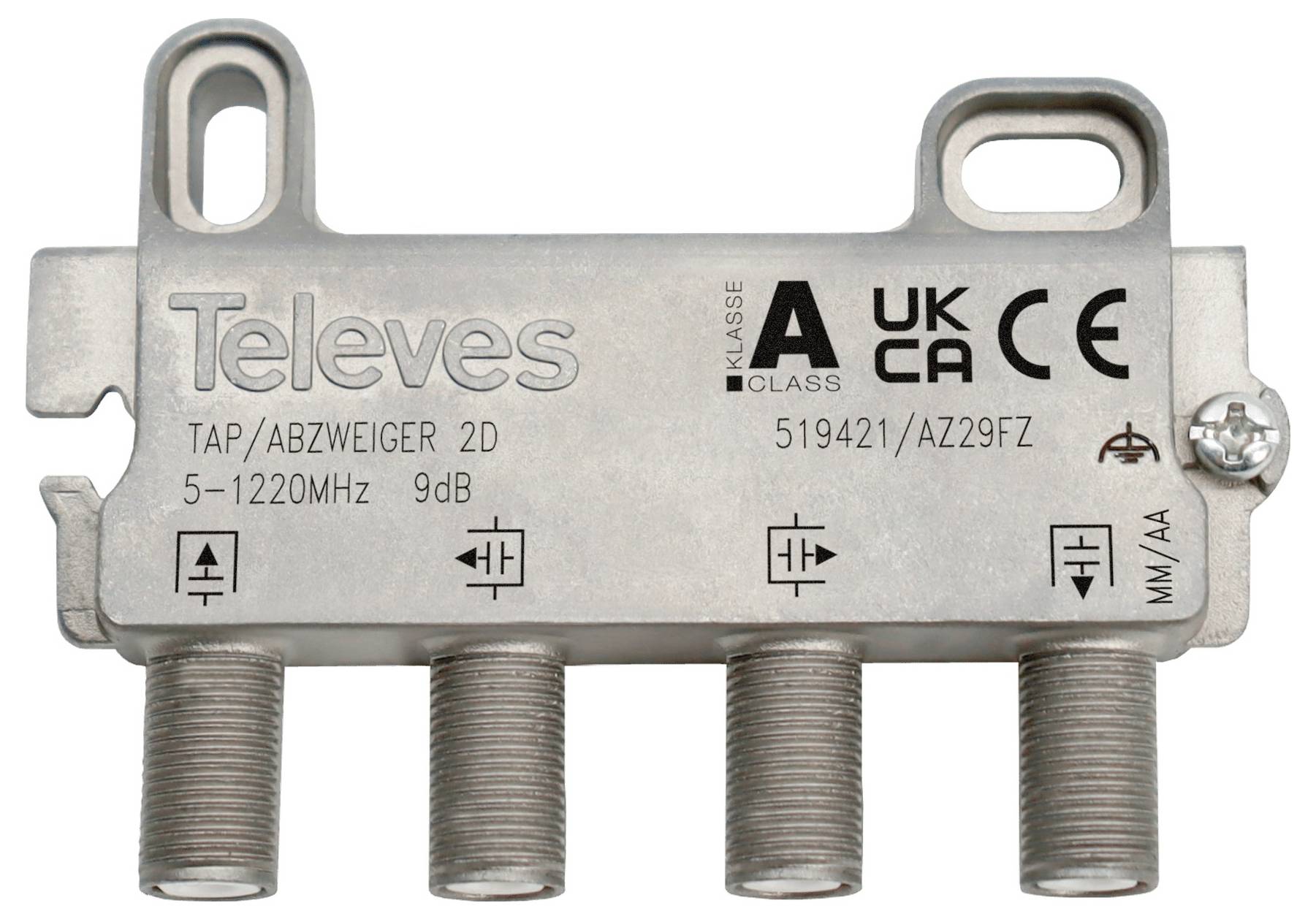 Splitter telekomunikacyjny klasy 'A' z czterema wyjściami, oznaczony marką 'Televes' i oznakowany 5-1220MHz, 9dB, wyświetlający logotypy certyfikacji.