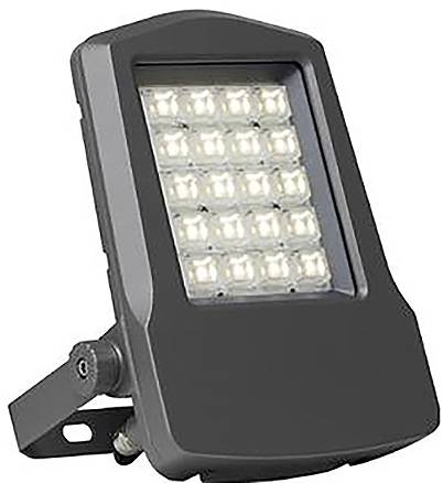 Prostokątny reflektor LED z ciemnoszarą obudową i uchwytem montażowym, pokazujący 16 świecących żarówek LED ułożonych w cztery rzędy.