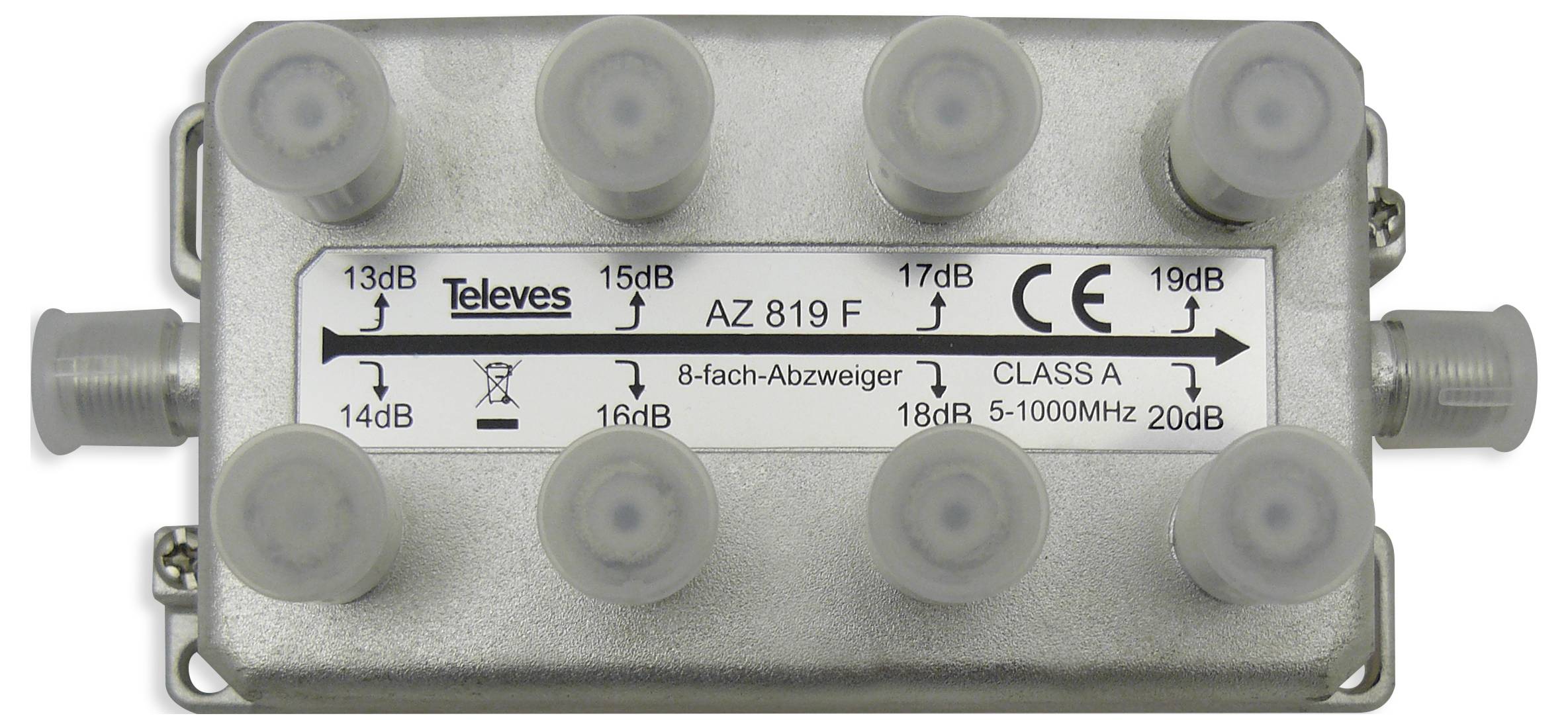 Rozdzielacz anten model AZ 819 F firmy Televes; 5-1000 MHz; 8 wyjść o różnych poziomach dB: 13, 14, 15, 16, 17, 18, 19, 20.