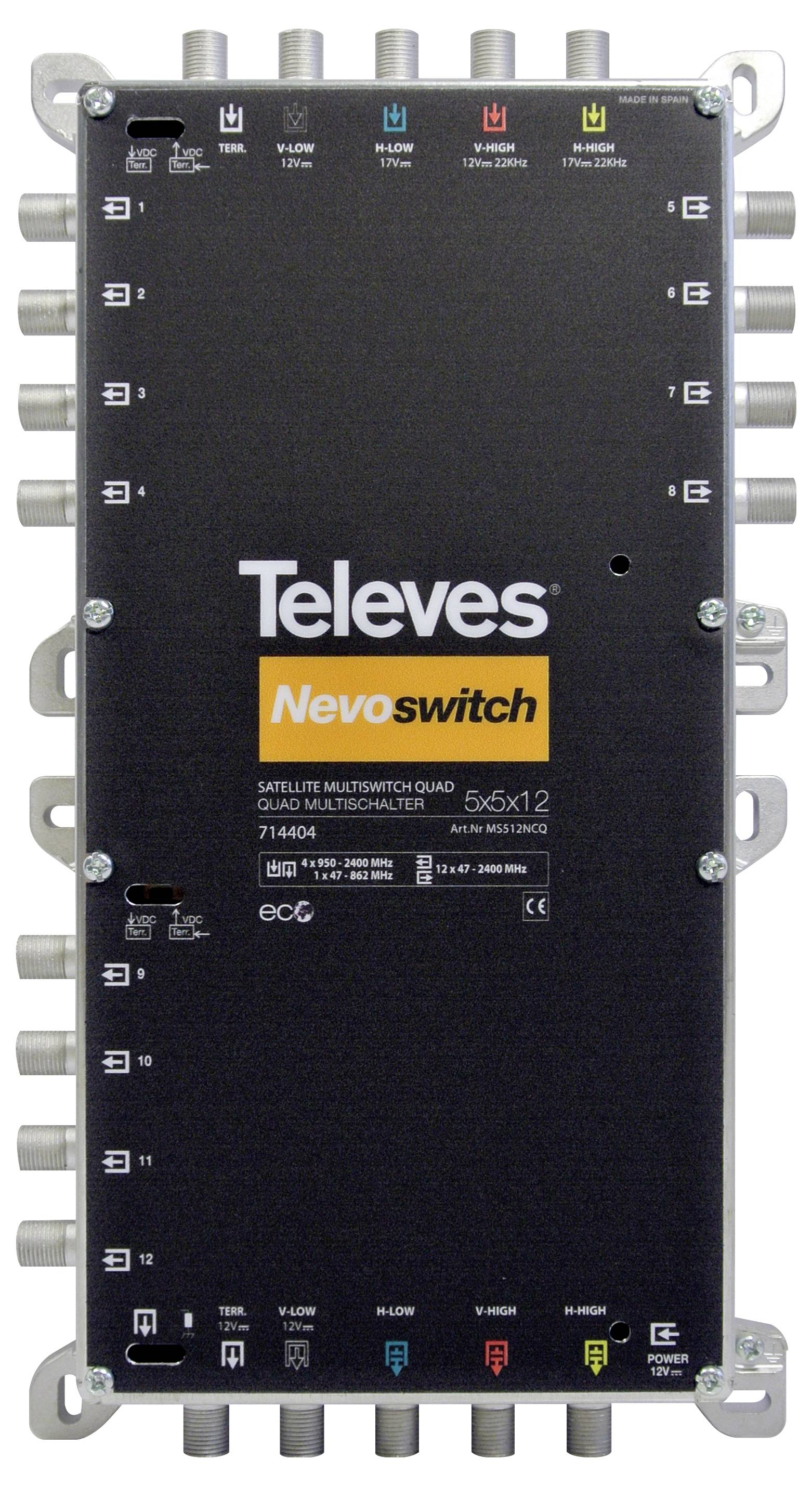 Multyprzełącznik Televes Nevoswitch, model 714804, z wieloma portami wejściowymi i wyjściowymi do dystrybucji sygnału satelitarnego.