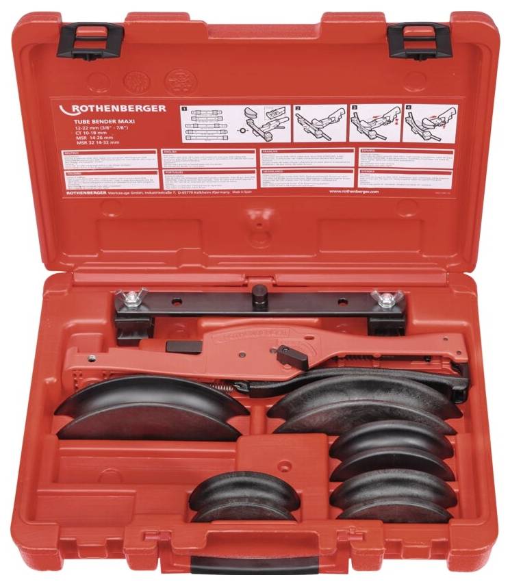 Otwórz czerwoną plastikową skrzynkę narzędziową zawierającą giętarkę z kilkoma ułożonymi starannie krążkowymi matrycami. Na pokrywie znajdują się instruktażowe diagramy.