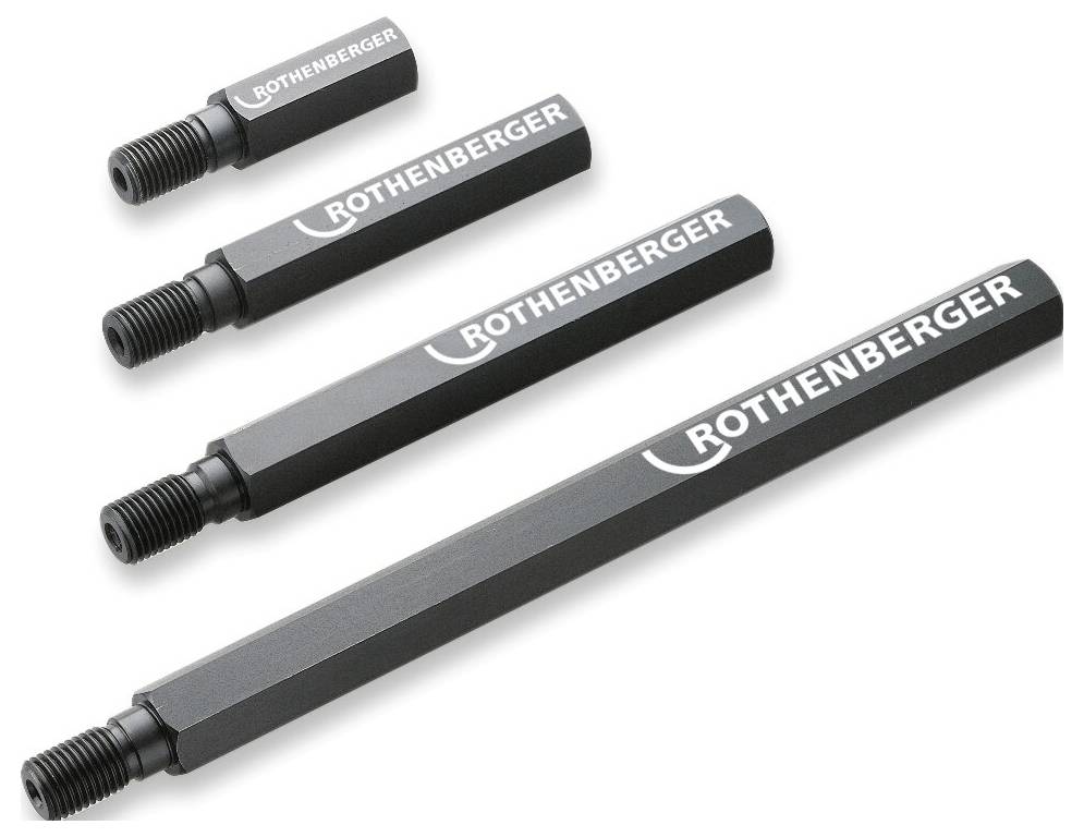 Rozszerzenia 'ROTHENBERGER' w czterech rozmiarach, prezentujące logo marki na każdym z nich. Używane do zadań związanych z rurami, różne długości zapewniają wszechstronność.