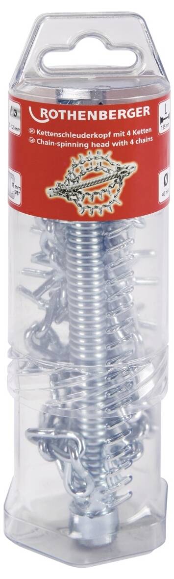 Opakowanie szczotki łańcuchowej z 4 łańcuchami firmy Rothenberger. Przezroczyste plastikowe pudełko prezentuje metalowe narzędzie wewnątrz.
