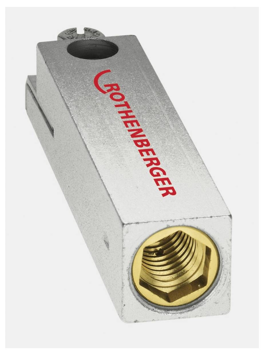 Prostokątne metalowe narzędzie z czerwonym logo 'Rothenberger', posiadające mosiężną dyszę na jednym końcu, sfotografowane na jednolitym tle.