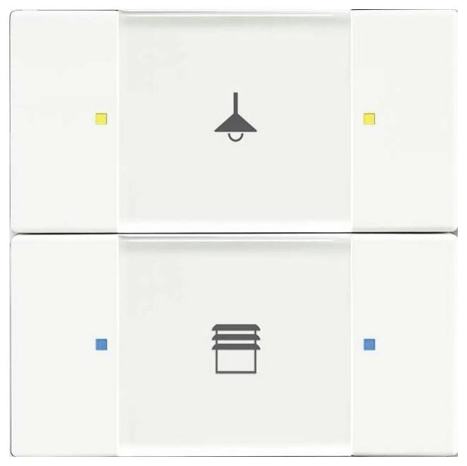 Dwa włączniki światła z symbolami: górny włącznik ma ikonę lampy do oświetlenia, dolny włącznik ma ikonę wentylacji, wskazując ich funkcje.