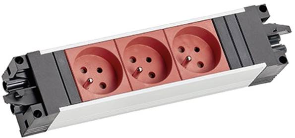 Listwa zasilająca z trzema czerwonymi europejskimi gniazdkami elektrycznymi w prostokątnej białej obudowie z czarnymi zaślepkami końcowymi.