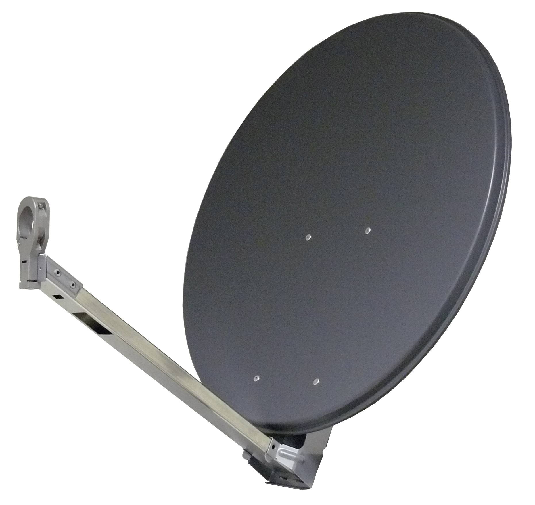 Czarna paraboliczna antena satelitarna z metalowym wspornikiem montażowym jest nachylona w górę, powszechnie używana do odboru sygnałów telewizyjnych.