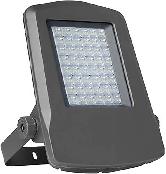 Prostokątny zewnętrzny reflektor LED z wieloma małymi żarówkami w solidnej, ciemnoszarej obudowie, przeznaczony do montażu i regulowanego ustawienia pozycji.