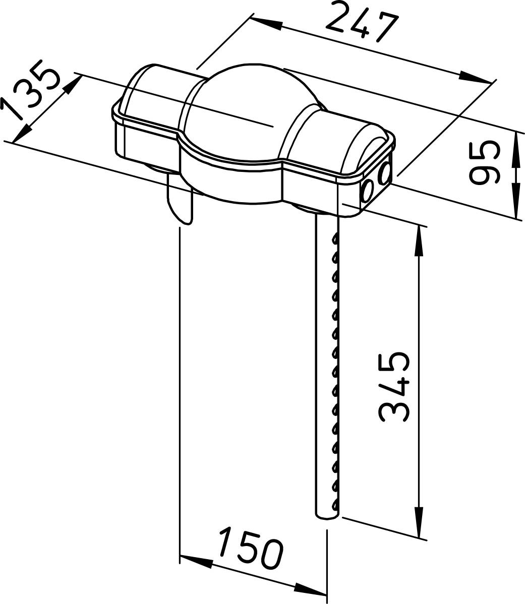 Wymiarowany rysunek techniczny zespołu zaworu spłuczącego zbiornika toaletowego, pokazujący wymiary ogólne 247 na 135 na 95 mm i pionowe wyjście 345 mm z odstępem 150 mm.