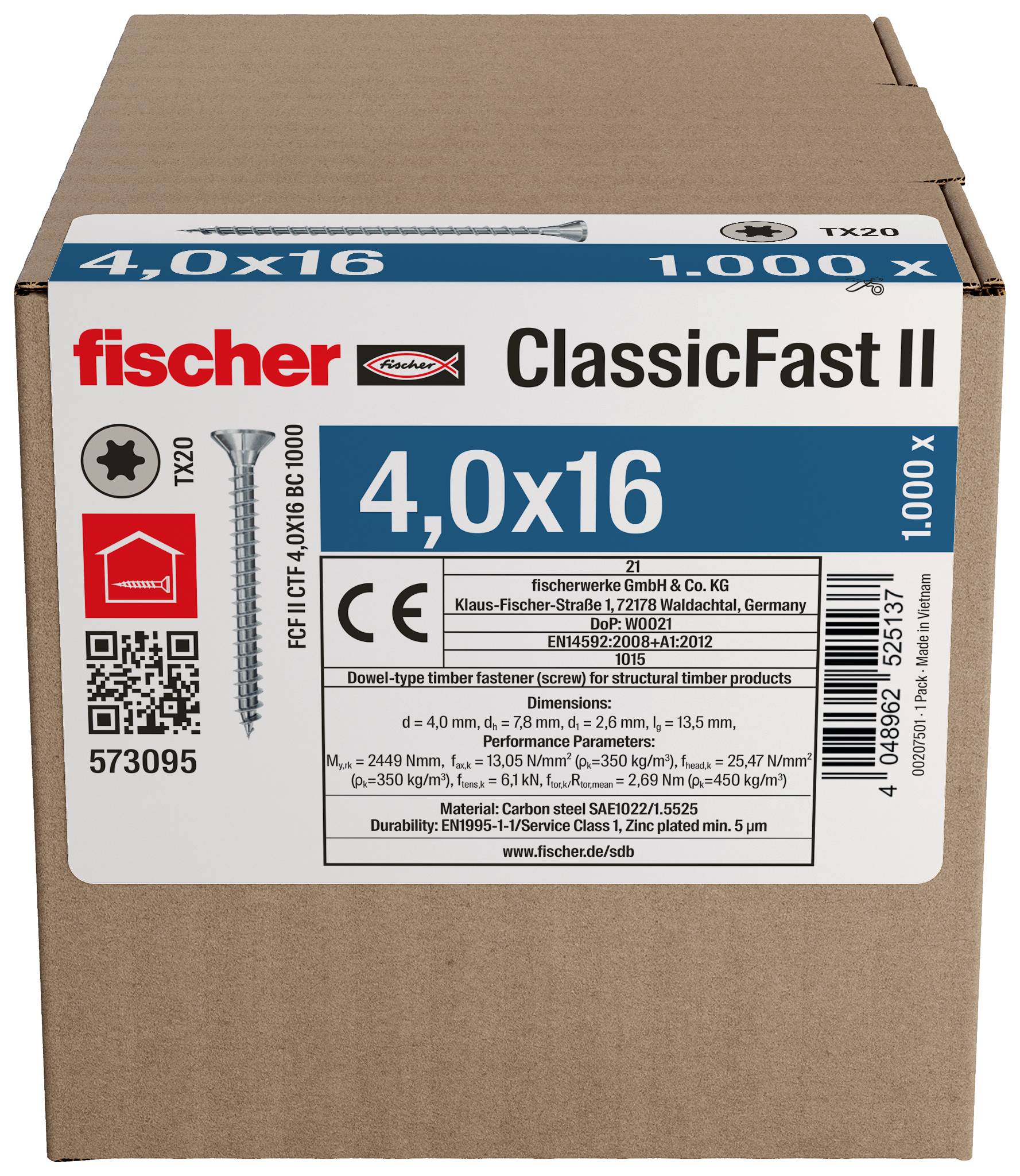 Pudełko kartonowe wkrętów Fischer ClassicFast II oznaczonych 4.0x16, 1000 sztuk, z obrazem produktu i specyfikacjami technicznymi na przedniej stronie.