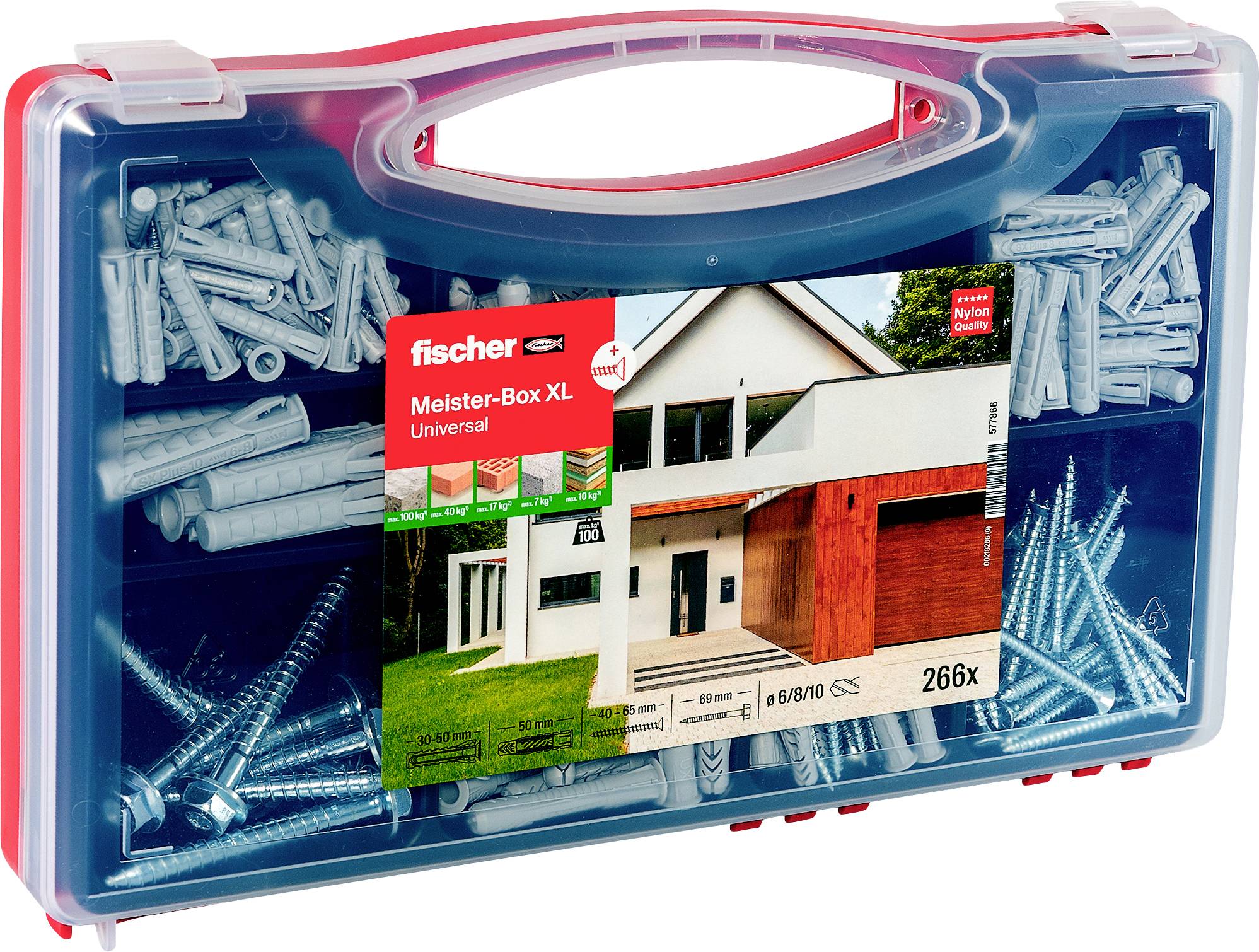 Przezroczyste plastikowe pudełko narzędziowe zawierające różnorodne kołki do ścian Fischer oraz śruby, oznaczone etykietą „Meister-Box XL Universal" do prac montażowych w domu.
