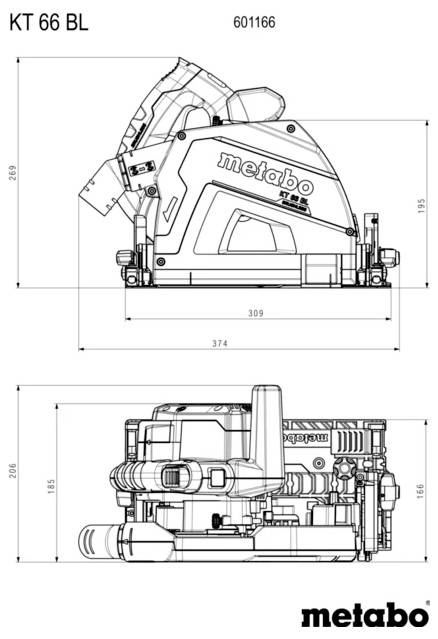 Techniczny rysunek liniowy piłą Metabo KT 66 BL, pokazujący widoki z boku i z góry wraz z wymiarami i numerem modelu 601166.