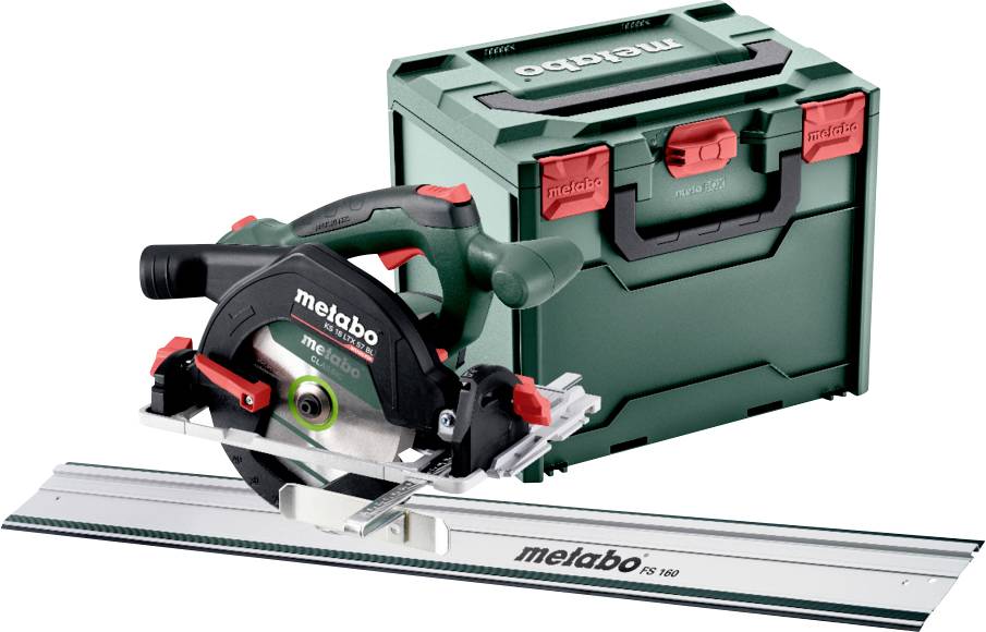Akumulatorowa piła tarczowa 'Metabo' z szyną prowadzącą i zielonym plastikowym pojemnikiem transportowym, przeznaczona do precyzyjnego cięcia w stolarstwie.