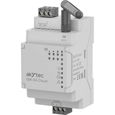 Urządzenie 'akytec GW-24-Cloud' posiada łączność Wi-Fi, konstrukcję do montażu na szynie DIN, zasilanie prądem stałym w zakresie 10-48V. Przeznaczone do automatyki przemysłowej i monitoringu.