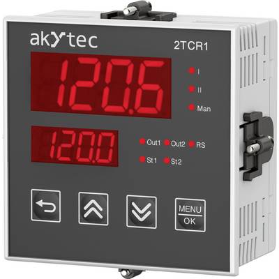 Wyświetlacz cyfrowy 'akytec 2TCR1' pokazujący '120.6' z czerwonymi wskaźnikami 'Out1', 'Out2', 'St1', 'St2'. Przyciski sterujące poniżej.