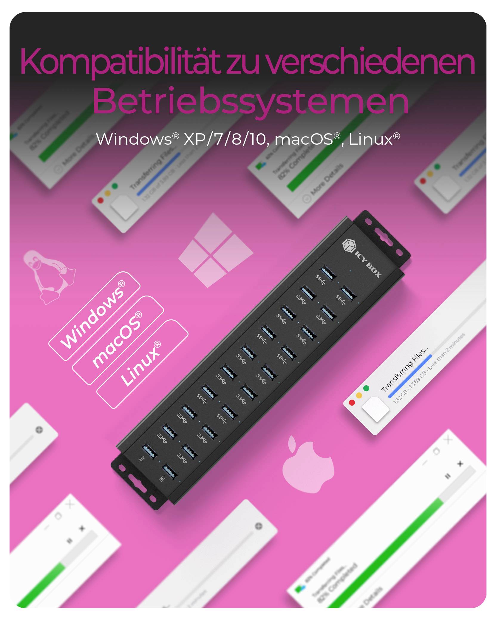 ICY BOX 61076 USB-концентратор 20 портів USB-A USB 3.0 5 Гбіт/с чорний USB-концентратор