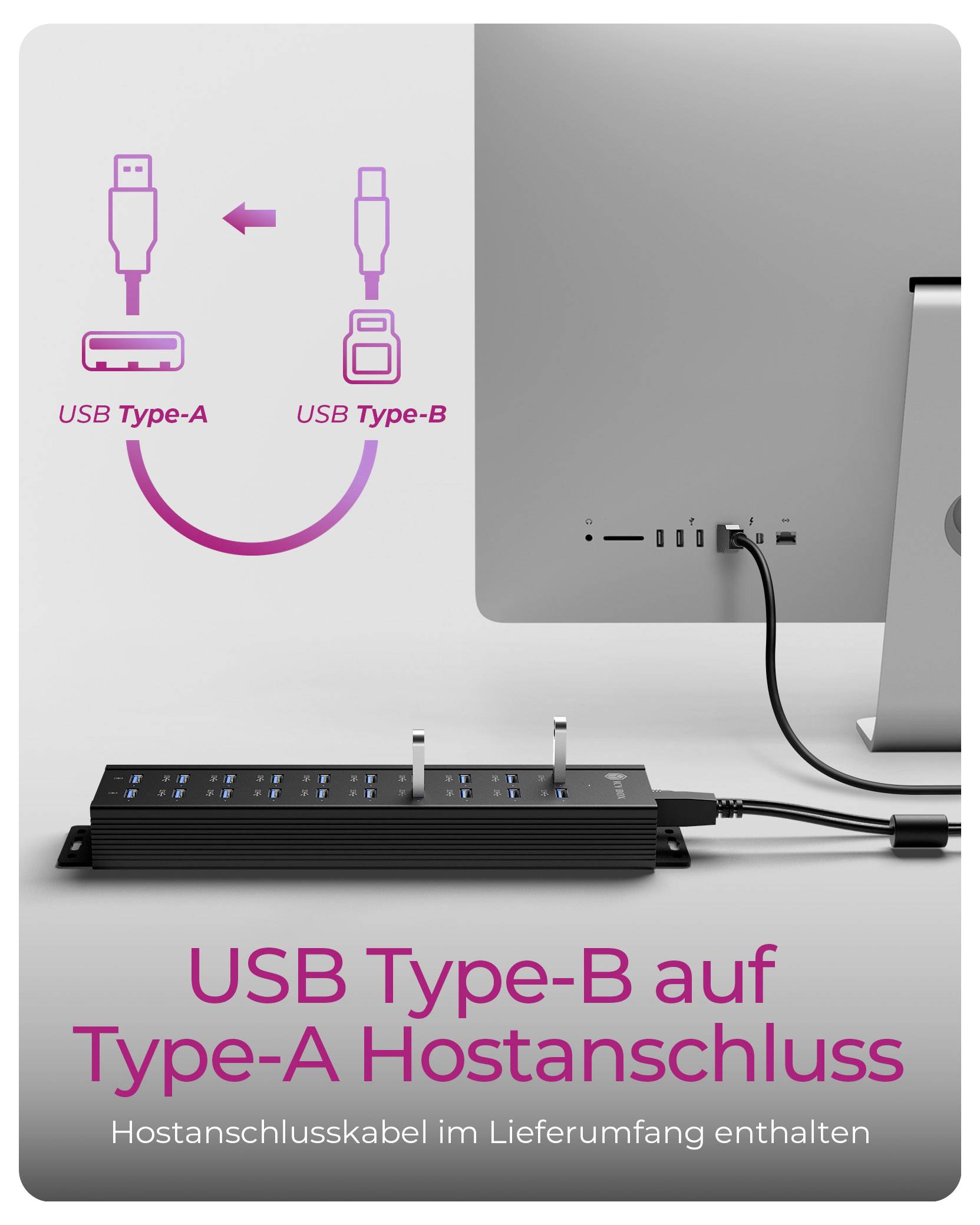 USB Type-B to Type-A connection diagram showing connectors and cable with a computer and hub. Text in Polish: 'Kabel podłączeniowy hosta zawarty w zestawie.'