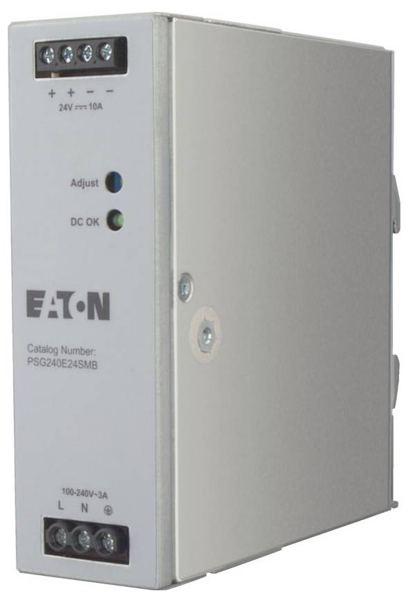 Zasilacz 'EATON', model PSG240E24SMB, wyświetla napięcie wejściowe 100-240V, wyjście 24V 10A, z wskaźnikami regulacji i statusu prądu stałego.
