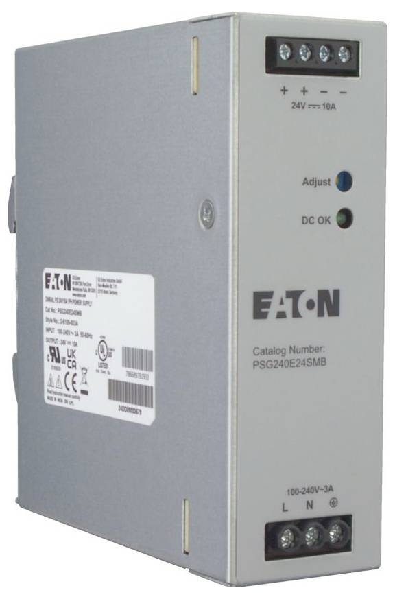 'Jednostka zasilająca EATON, model PSG240E24SMB, o zasilaniu wejściowym 100-240V i wyjściowym 24V-10A, z wskaźnikami regulacji i statusu prądu stałego DC OK.'