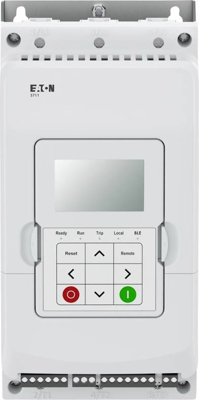 Biała szafa elektryczna z wyświetlaczem cyfrowym i przyciskami sterującymi, w tym klawiszami strzałek, 'Reset' i 'Zdalnie'. Widoczna marka 'Eaton'.