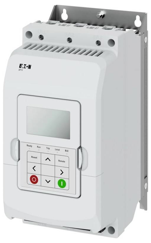 Białe urządzenie sterujące Eaton z przyciskami i małym ekranem, zamontowane na metalowym wsporniku do użytku przemysłowego.