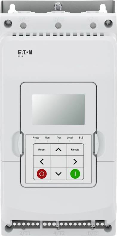 Urządzenie sterujące silnikiem 'Eaton SPX' z wyświetlaczem wskaźników statusu, wyświetlaczem cyfrowym oraz przyciskami sterowania 'Reset', 'Uruchom' i 'Stop'.