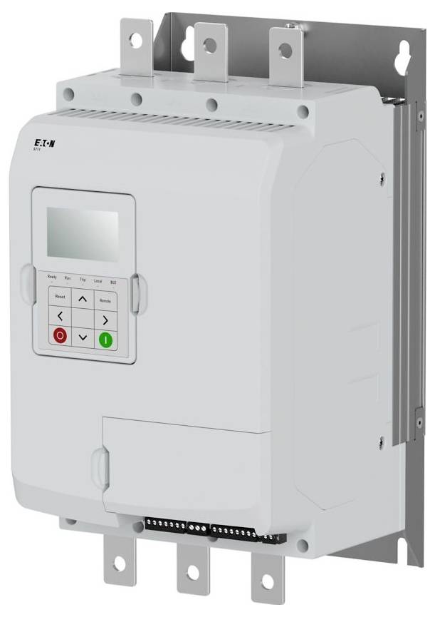 Białe urządzenie elektryczne z wyświetlaczem LCD i przyciskami sterującymi, zamontowane na metalowej ramie.