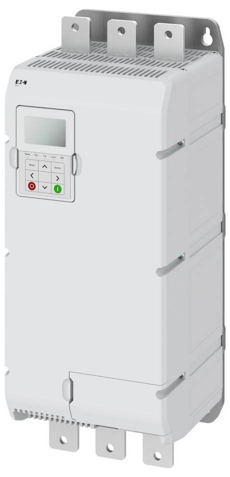 Białe przemysłowe urządzenie do zarządzania mocą z przyciskami sterującymi i ekranem wyświetlacza, zamontowane pionowo na metalowym uchwycie.