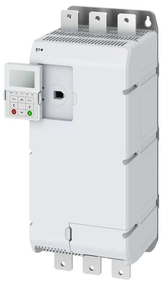 Urządzenie elektryczne z panelem sterowania i ekranem wyświetlacza z boku, wyposażone w przyciski obsługowe, umieszczone na neutralnym tle.