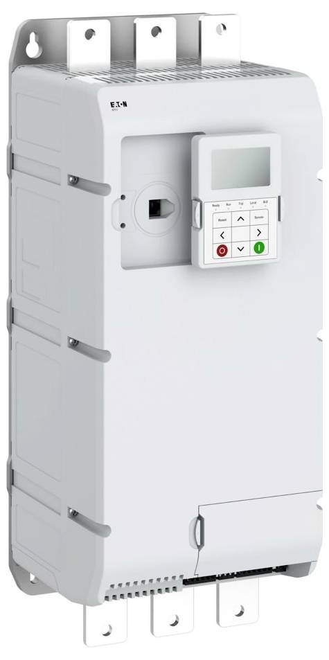 Duży, biały elektryczny element skrzynkowy z cyfrowym wyświetlaczem i przyciskami sterującymi. Posiada wiele punktów przyłączeniowych u góry i u dołu.