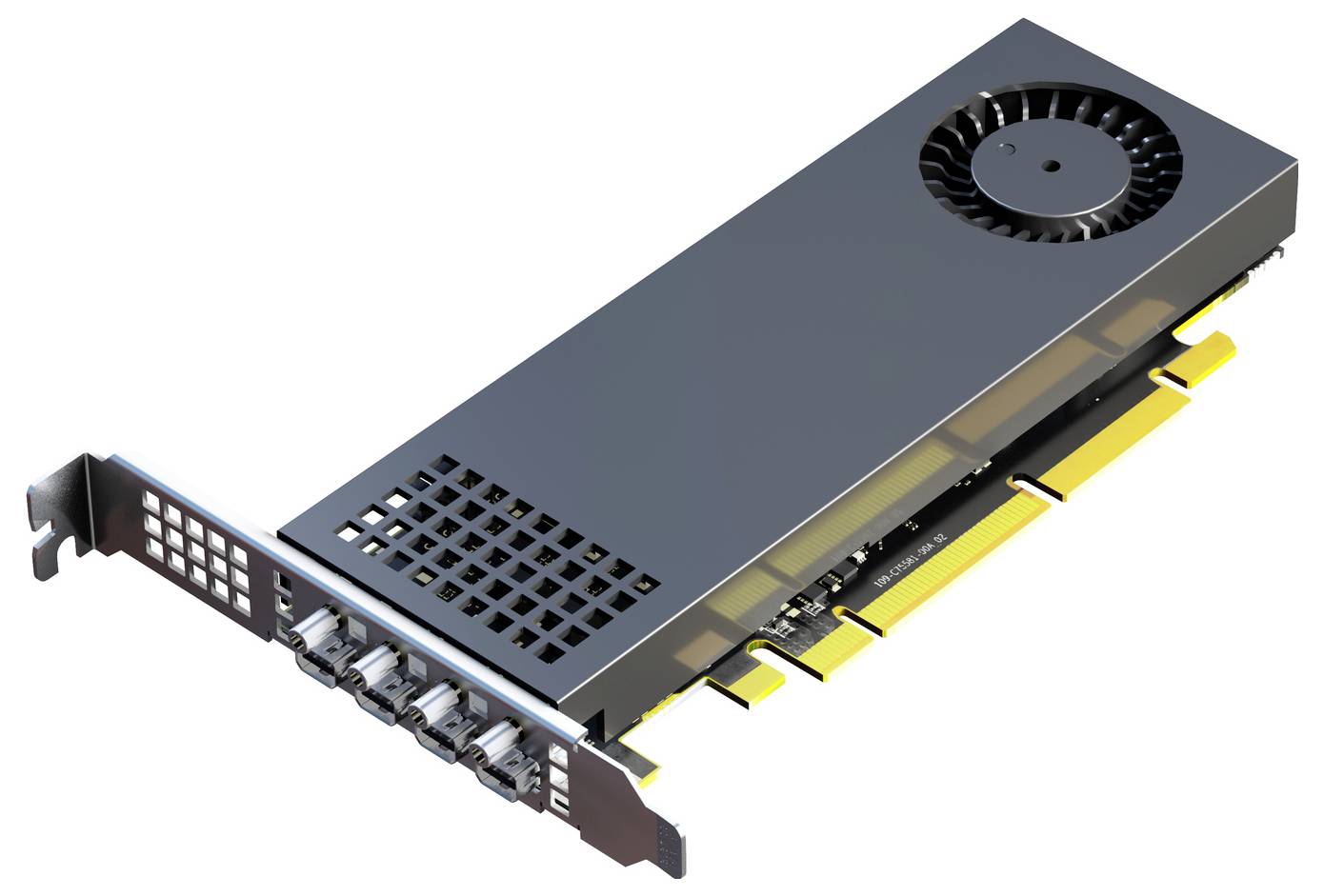 Karta graficzna z wentylatorem chłodzącym, czterema portami wyjściowymi i czarną metalową obudową, zaprojektowana do systemów komputerowych o wysokiej wydajności.