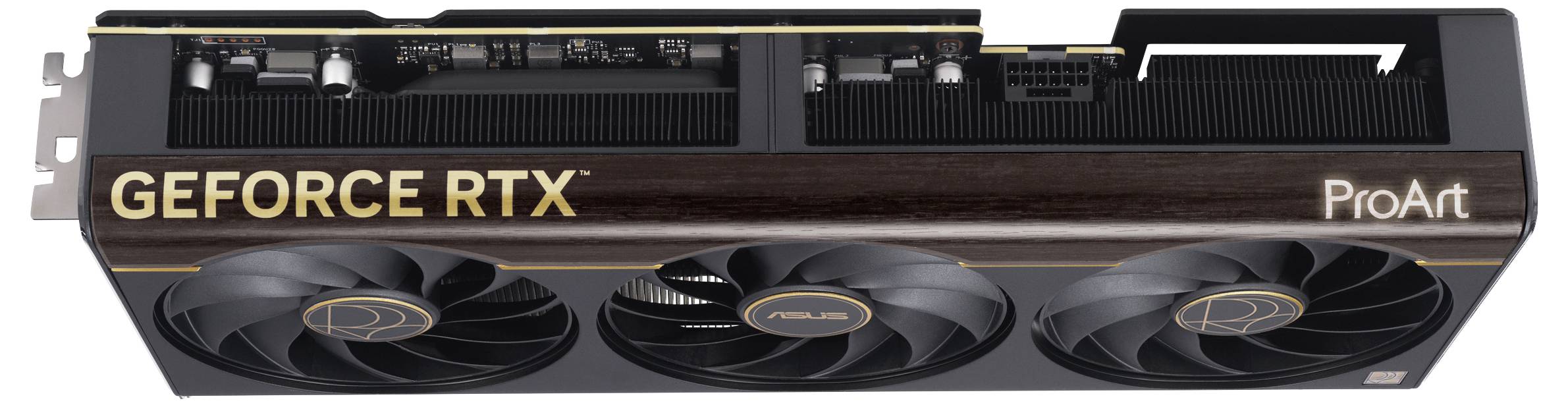 Karta graficzna ASUS ProArt GeForce RTX z trzema wentylatorami chłodzącymi i eleganckim czarno-złotym designem, przeznaczona dla profesjonalistów kreatywnych.