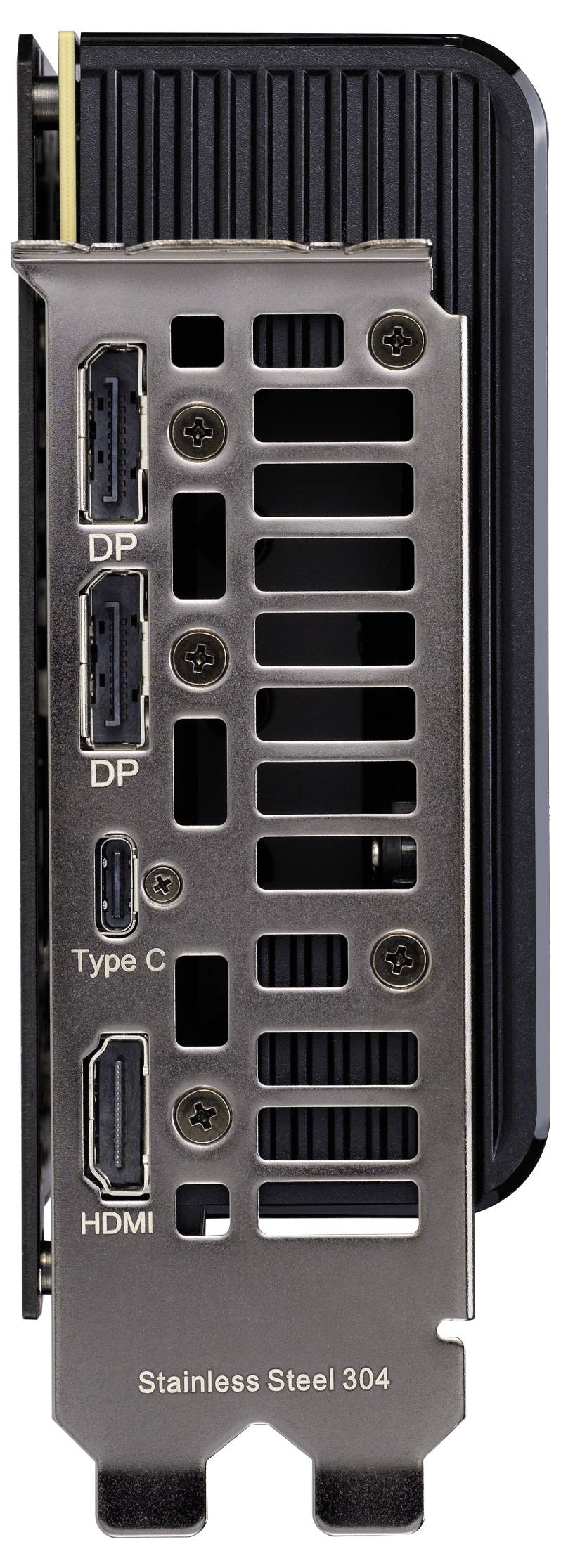 Tylny panel karty graficznej przedstawiający porty: dwa DisplayPort, jeden port Type-C i jeden port HDMI, oznaczony jako 'Stal nierdzewna 304'.