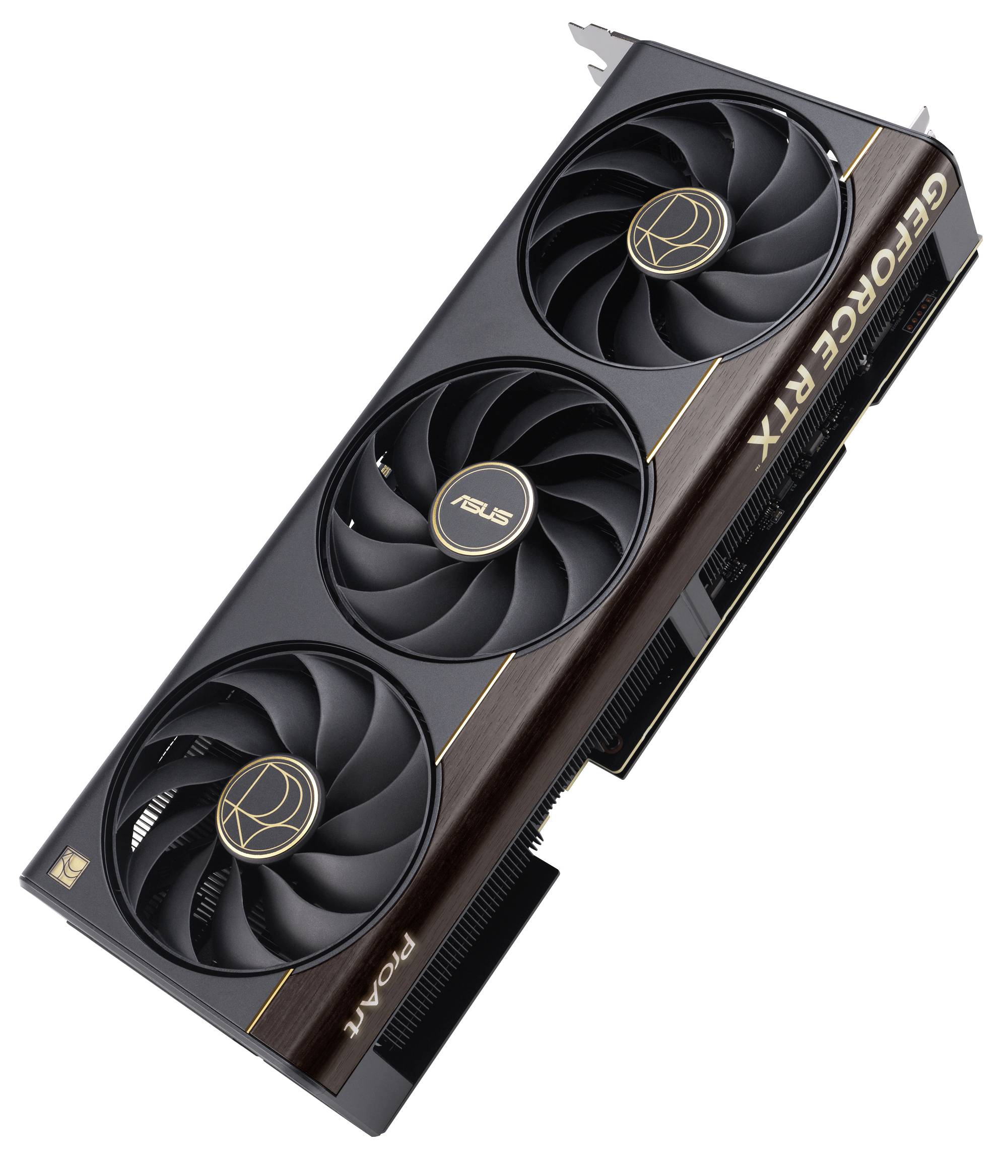Karta graficzna z trzema wentylatorami chłodzącymi, oznaczona napisami 'GeForce RTX' i 'ASUS', przeznaczona do poprawy wydajności grafiki komputerowej.