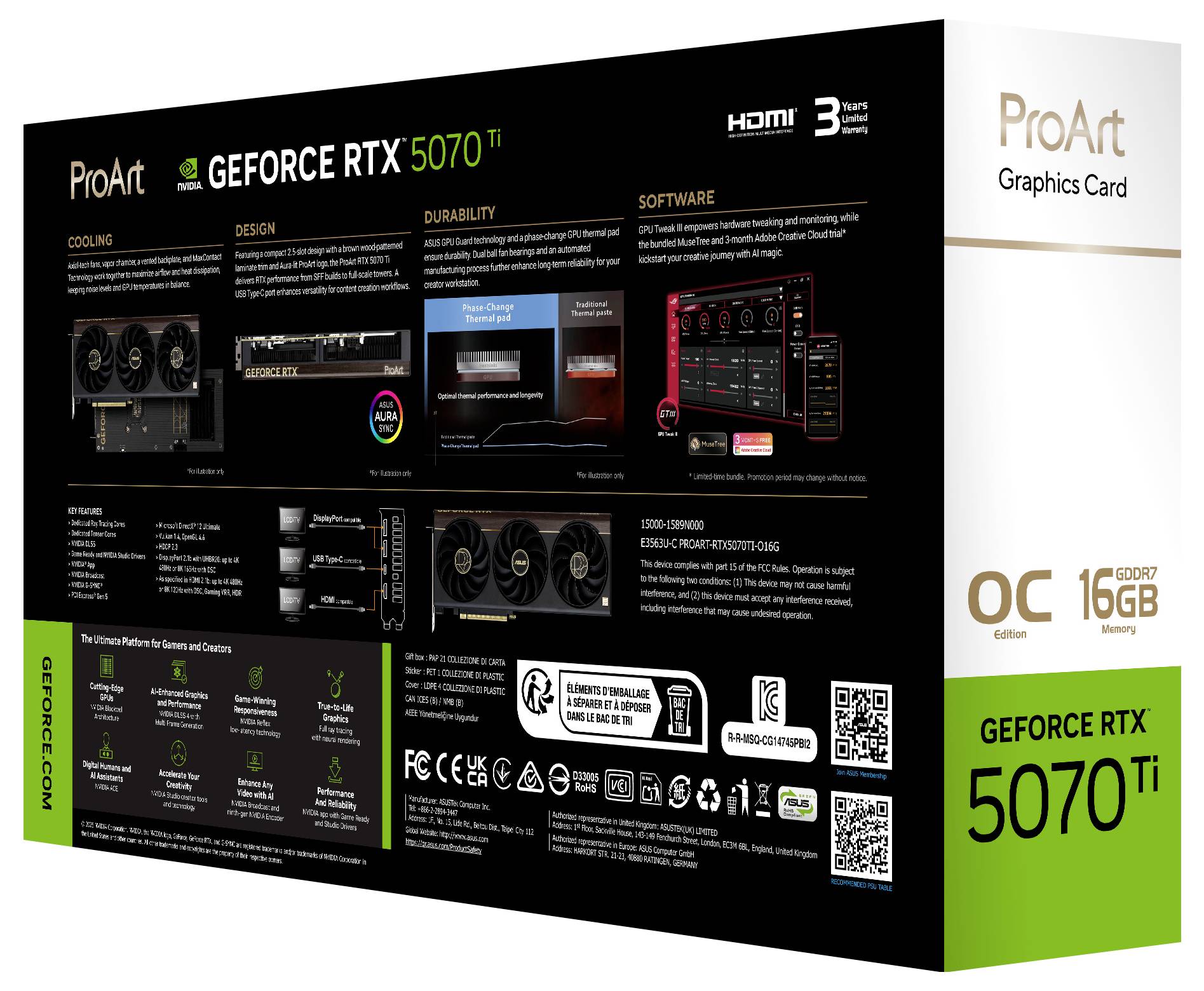 Opakowanie karty graficznej ProArt GeForce RTX 5070 Ti prezentujące cechy dotyczące chłodzenia, designu, trwałości, oprogramowania oraz pamięci 16 GB.