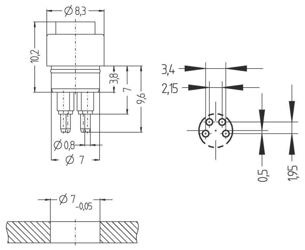 Rysunek techniczny cylindrycznego elementu elektronicznego o wymiarach: średnica 8,3 mm, długość 10,2 mm, rozstaw pinów 7 mm oraz średnica pinów 0,8 mm.