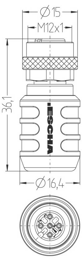 Rysunek techniczny złącza o długości 36,1 mm, gwintowaniu M12x1, z zaznaczonymi wymiarami, z widocznym oznakowaniem marki LESCHA z boku.