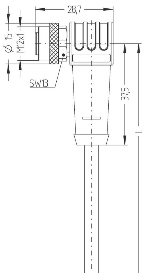 Rysunek techniczny elementu z wymiarami: szerokość 28,7 mm, długość 37,5 mm, gwint M12x1, ɸ15, rozmiar klucza SW13.